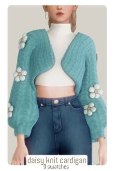 an image of a woman wearing a cropped top and blue jeans with flowers on it