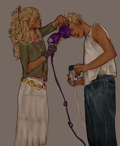 a drawing of two people with hair dryers