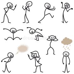 cartoon stick figures with different expressions and gestures, including one person throwing something in the air