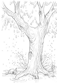 a drawing of a tree in the rain