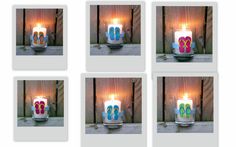 four pictures of a candle with flip flops on it