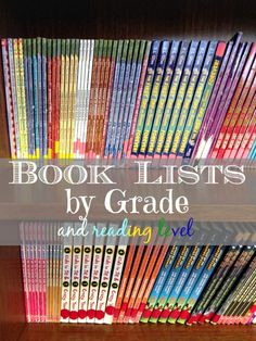 a book shelf full of books with the title, book lists by grade and reading level