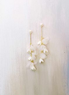 Handmade Bridal earrings, jewelry - Blossom and silk dangling earrings - Style #2306 | Twigs & Honey ®, LLC Bridal Designers, Polymer Clay Flowers, Sculpting Clay, Clay Flowers, Handmade Clay, Dangling Earrings, Bridal Wedding Dresses, Bridal Designs, Bridal Shop