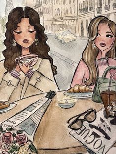 two women sitting at a table drinking coffee and talking to each other in the city