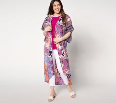 From tank dresses to tees and denim, refresh those seasonal closet standbys by layering on this captivating screen-printed duster. From Women with Control®. Tank Dresses, Border Print, Sweater Fashion, Tank Dress, Sweaters & Cardigans, Layering, Screen, Purple, Closet