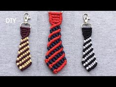 three crocheted ties are shown in different colors