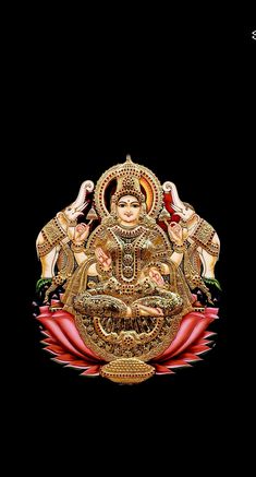 an image of the god ganesha in gold and red colors on a black background