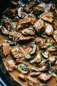 beef and mushroom stew in a slow cooker