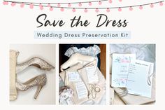 the wedding dress presentation kit includes shoes, paper and other items to be used on