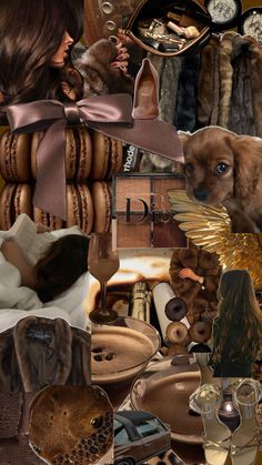 a collage of different items including hats, furs and other things that are on display