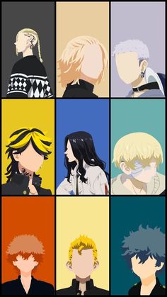 many different anime characters are shown in the same color scheme, each with their own character's hair