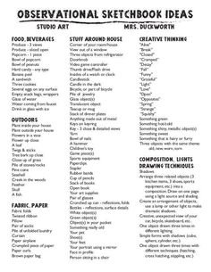 the observational sketchbook ideas list for students to use in their writing and drawing skills