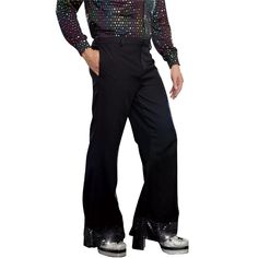 Are you coming down with a case of Saturday night fever? Disco dance your way through it in these stylish disco pants. Featuring a pair of black flared pants with shiny hemmed details, this accessory is perfect for your next boogie bash! Mens 70s Fashion, 70s Fashion Disco, Men Costumes, 70s Costume, Disco Costume, Black Flare Pants, Disco Pants, Halloween Fancy Dress, Studio 54