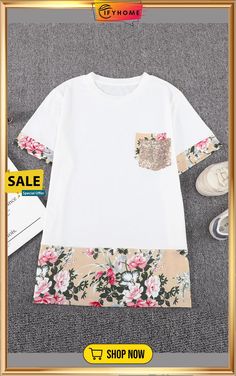 White Sequins Accent Floral Splicing Tee White Short Sleeve T-shirt With Splicing, White Spliced Short Sleeve T-shirt, White Cotton Tops With Floral Patchwork, White Spliced T-shirt For Spring, Casual White Tops With Floral Patchwork, Spring Cotton T-shirt With Splicing, Sequin Patch, Spaghetti Strap Maxi Dress, Pearl Dress