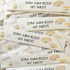 some stickers that say dim sum - body and are on top of each other