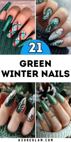 Green Winter Nail Ideas, Elegant December Nails, Almond Holiday Nails Christmas, Acrylic Winter Nail Designs, Winter Nails Oval, Cute Winter Acrylic Nails, Forest Nails Designs, Pine Tree Nails, Christmas Nails Ballerina