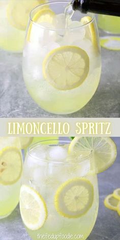 lemonade spritz in a glass with ice and sliced lemons