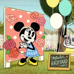 mickey mouse standing in front of a backyard party sign with balloons and flowers on it