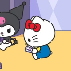 hello kitty is playing with an item in the game's animation style video game