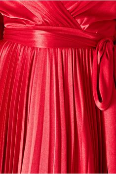 This satin pleated skirt wrap midi dress is the perfect choice for any occasion, whether it's a wedding, christening, or semi-formal event. With its elegant midi length and beautiful pleated skirt, this red dress is both flattering and comfortable to wear. With its luxurious feel and its subtle sheen, you will stand out in any crowd. The wrap-style bodice and cinched waist create a flattering silhouette that will flatter your figure and make you feel confident and beautiful. Whether you're atten Satin Pleated Skirt, Red Satin Dress, Skirt Wrap, Wrap Midi Dress, Midi Cocktail Dress, Red Shop, Red Midi Dress, Midi Dress With Sleeves, Red Satin