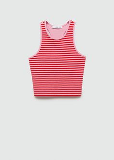 Striped knit top - Woman | MANGO USA Casual Red Halter Neck Tank Top, Red Halter Neck Casual Tank Top, Seamless Sleeveless Cotton Knit Top, Summer Casual Jacquard Knit Tops, Casual Jacquard Knit Tops For Summer, Striped Knit Sleeveless Tank Top, Casual Spring Halter Neck Knit Top, Casual Striped Sleeveless Knit Top, Red Knit Top For Summer