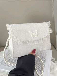 White Fashionable Collar  PU Leather Animal,Plain Square Bag Embellished   Women Bags Butterfly Decor, Butterfly Decorations