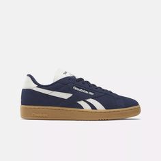 Feel like you're lacing up a pair of old-school Club C sneakers straight from the '80s. These shoes have all the vintage touches you want, from perforations to a debossed heel tab and side stripes. The soft, suede upper flips the Reebok script with the smooth side stripes and heel tab. Throwback Aesthetic, Shoes Vector, Reebok Classic Sneakers, Navy Sneakers, Reebok Classics, Reebok Club C, Cross Training Shoes, Club C, Black Trainers