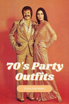 a man and woman standing next to each other in front of a red background with the words 70's party outfits click for info