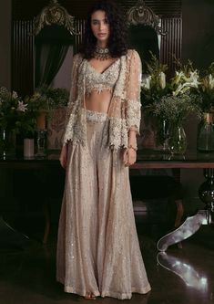 Kisneel By Pam Mehta-Champagne Organza Pants And Jacket Set-INDIASPOPUP.COM Chic Organza Wedding Sets, Festive Wedding Set With Sheer Sleeves, Elegant Long Sleeve Organza Choli, Palazzo And Blouse, Organza Pants, Sarara Dress, Bhumika Sharma, Wedding Fits, Special Outfits