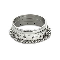 The Vigorous Stack, a five-piece silver bangle set featuring various styles with cubic zirconia accents. Bracelets 2022, Braided Ring, Crystal Bangle, Casual Jewelry, Coin Ring, Stacked Bangles, Polish Jewelry, Layered Necklaces, Rhodium Plated