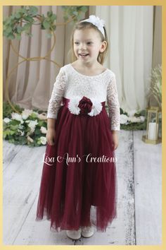 Burgundy Girls Dress Discover the enchanting world of flower girl and special occasion dresses! The dress is designed to make your little one shine. Choose the perfect dress and sash to match your wedding theme or special event. Think summer, fall and winter weddings or any special occasion. Dress Features A soft white bodice, made of stretchy lace with a "V" shaped on the back, edged with delicate lace. A cotton liner under 2 layers of soft tulle that won’t itch your princess. Dress length of m Burgundy Flower Girl Dress, Burgundy Wedding Flowers, Dusty Rose Dress, Satin Sash, Burgundy Flowers, Winter Weddings, Wedding Flower Girl, Dress Dusty, Soft Tulle