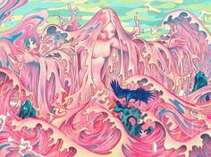 an artistic painting with pink and blue colors on the bottom half of it, depicting a woman surrounded by waves