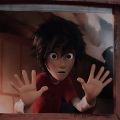 an animated image of a boy holding his hands up in front of him, while looking out the window