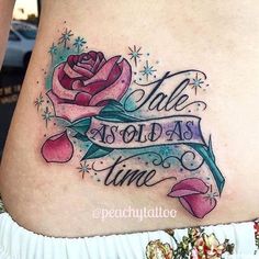 a woman with a tattoo on her stomach that says, date as old as time