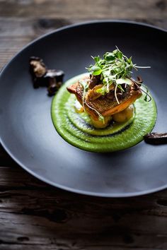 a black plate topped with food on top of a green sauce covered dish and garnishes