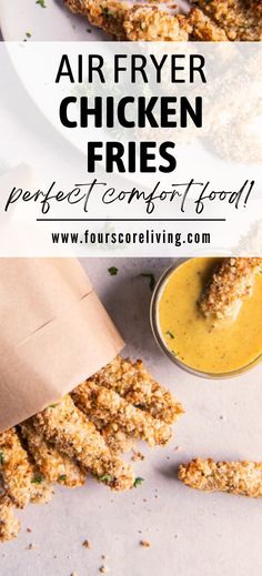 air fryer chicken fries on a white plate with mustard sauce in the background and text overlay that reads, air fryer chicken fries perfect comfort food