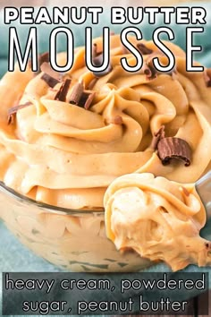 peanut butter mousse in a glass bowl with text overlay