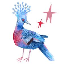 a colorful bird with red, white and blue feathers standing in front of three stars