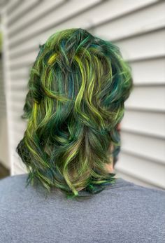 Dimensional green mullet with blues, yellows, dark greens and neons Forest Hair Color, Green Mullet Hair, Dimensional Green Hair, Black And Green Mullet, Brown And Lime Green Hair, Green Hair Mullet, Multi Green Hair, Lime Green Hair Men, Green Mullet