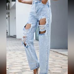 Light Blue Ripped Jeans Never Worn, Still In The Bag. Small Waist, Straight Legged (Mom Jean Vibe). Make Me An Offer! Super Ripped Pants, Light Blue Ripped Jeans, Blue Ripped Jeans, Jean Pants, Loose Fit Jeans, Style Savvy, Distressed Denim Jeans, Straight Leg Denim, Women Denim Jeans