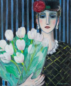 a painting of a woman holding a bouquet of flowers