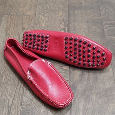 Brand New!! Classic Tod's Unisex Textured Red Leather Driving Loafers With Iconic Rubber Studded Soles. White Contrasting Hand Stitching. All Leather, Including Footbed. This Leather Is So Soft And Will Mold To Your Feet To Make The Most Comfortable Shoes You Will Ever Wear. These Are Hand Crafted And Rubber Studs Do Vary On The Bottom. These Are Just Gorgeous! Pristine! Such A Gorgeous Pop Of Color With Jeans. Comes With Box And Dust Bag. Euro 40, Men's 7 M1-S0 Red Leather-sole Moccasins With Moc Toe, Leather Loafers With Red Sole And Moc Toe, Red Leather Moc Toe Loafers, Red Loafers With Removable Insole And Round Toe, Red Leather Flat Moccasins, Red Leather Moc Toe Shoes With Rubber Sole, Red Leather Moccasins With Moc Toe, Red Sole Calf Leather Slip-on Loafers, Slip-on Calf Leather Loafers With Red Sole