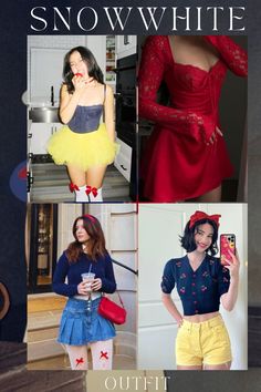 four different pictures of women in short skirts and dresses with text overlay that says, snow white