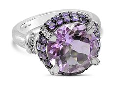 Judith Ripka 1.78ct Round Pink Amethyst, 0.72ctw Round Purple Amethyst, And 0.38ctw Bella Luce Diamond Simulant Rhodium Over Sterling Silver Ring. Measures Approximately 0.50"L x 0.75"W. Not Sizeable. Elegant Purple Jewelry With Pave Setting, White Gold Multi-stone Amethyst Ring, Judith Ripka, Jewelry Television, Diamond Simulant, Pink Amethyst, Amethyst Gemstone, Flower Jewellery, Cocktail Ring