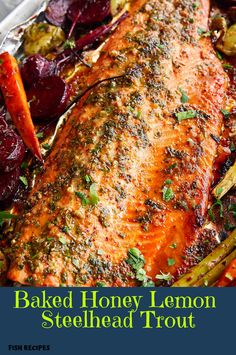 baked honey lemon steelhead trout with roasted beets and carrots on the side