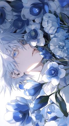 an anime character is surrounded by blue flowers