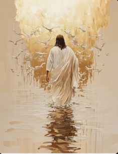 a painting of jesus walking in the water