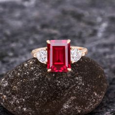 Lab Created Ruby 925 Sterling Silver Ring Emerald Cut Red - Etsy Red Gemstone Ring, Ring Emerald Cut, Ring Birthstone, Ring Wedding Band, Three Stone Ring, Ring Emerald, Red Gemstones, Red Band, Three Stone Rings