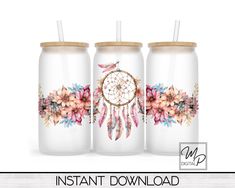 three water bottles with flowers and feathers on them