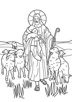 the good shepherd with his flock of sheep coloring page